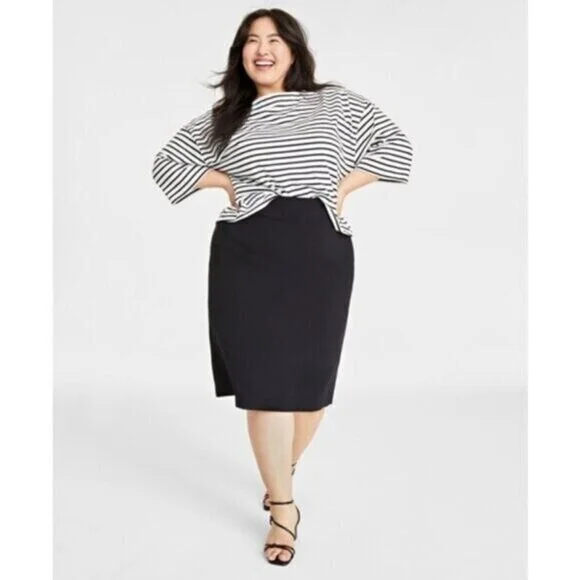 On 34th Plus Size Heavyweight Cotton Black & White Striped Boat-Neck Top NWT - Picture 2 of 5